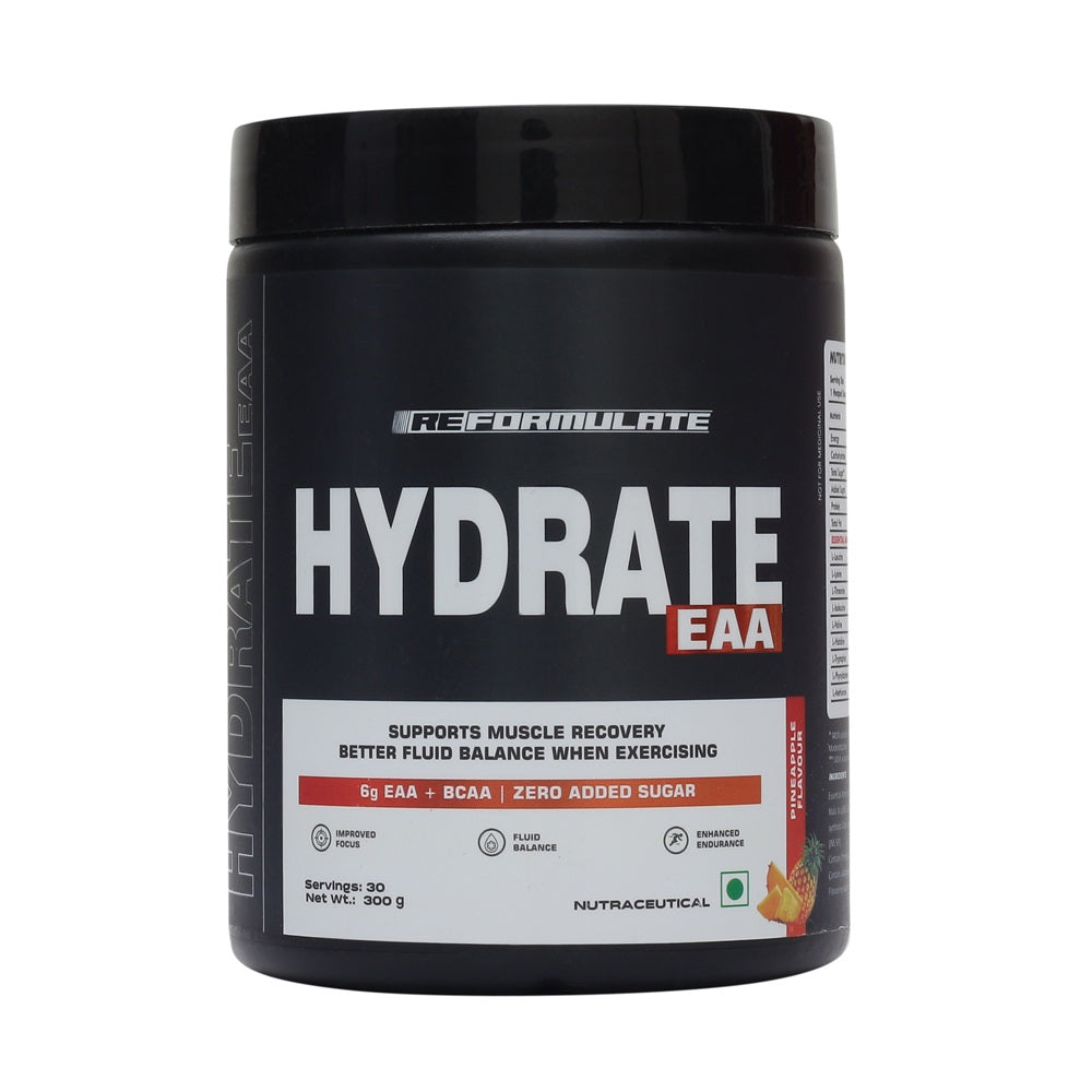 Reformulate I Hydrate EAA I Supports Muscle Recovery I Better Fluid Balance When Exercising I 6G EAA + BCAA | Zero Added Sugar I 6G EAA + BCAA | Zero Added Sugar I Improved Focus I Fluid Balance I Enhanced Endurance I 300 GM